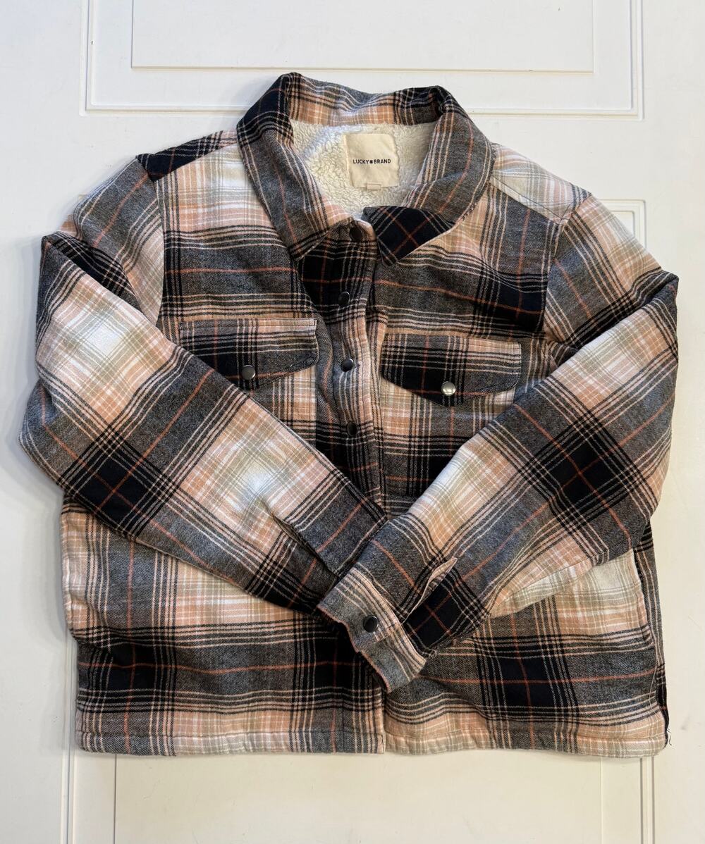 Lucky Brand Womens Sz XL Sherpa Lined Plaid Snap Up Flannel Jacket Shacket